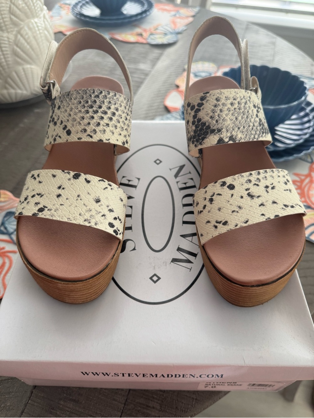Steve Madden Cream and Black Snake-Print Platform Sandals